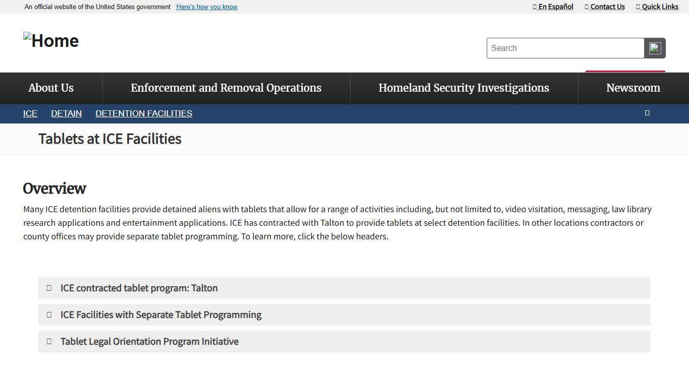 Tablets at ICE Facilities ICE